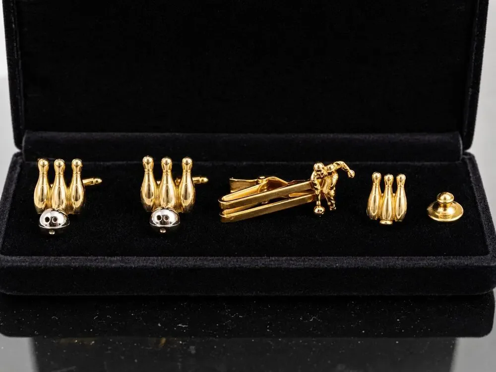 Vintage Bowling Cufflinks Tie Clip & Tie Tack Set Gold Tone Retro Men’s...